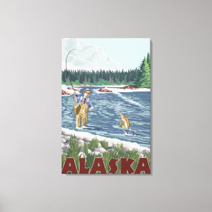 AlaskaFly Fisherman Vintage Travel Poster Canvas Afdruk