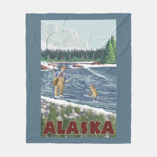 AlaskaFly Fisherman Vintage Travel Poster Fleece Deken (Voorkant)