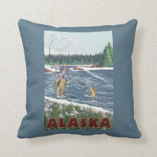 AlaskaFly Fisherman Vintage Travel Poster Kussen