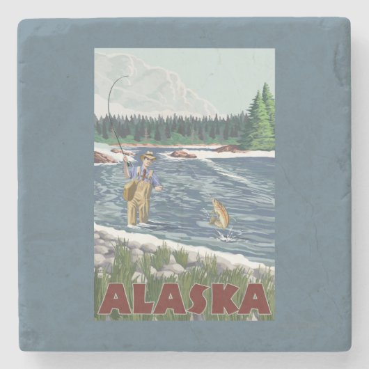 AlaskaFly Fisherman Vintage Travel Poster Stenen Onderzetter (Voorkant)