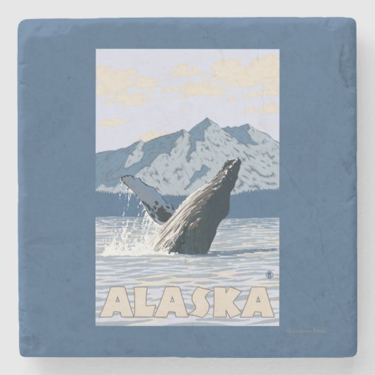 AlaskaHumpback Whale Vintage Travel Poster Stenen Onderzetter (Voorkant)