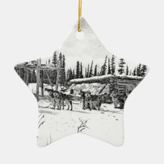 Alaskan Geleide honden die buiten een Logcabine st Keramisch Ornament
