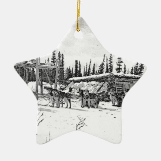 Alaskan Geleide honden die buiten een Logcabine st Keramisch Ornament (Voorkant)