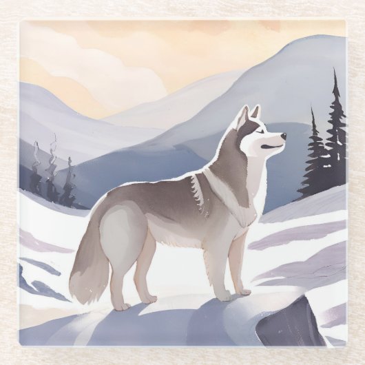 Alaskan Husky | Dog Mountain Watercolor Glazen Onderzetter (Voorkant)