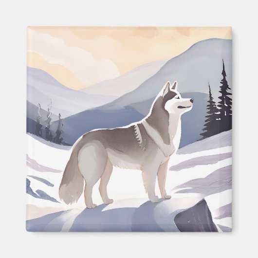 Alaskan Husky | Dog Mountain Watercolor Magneet (Voorkant)