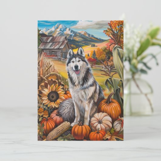 Alaskan Malamute Autumn Harvest Thanksgiving Dog Feestdagenkaart (Staand voorkant)