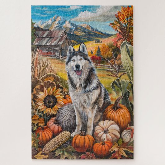 Alaskan Malamute Autumn Harvest Thanksgiving Dog Legpuzzel (Verticaal)