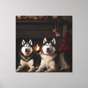 Alaskan Malamute bij de Haard Kerstmis Canvas Afdruk