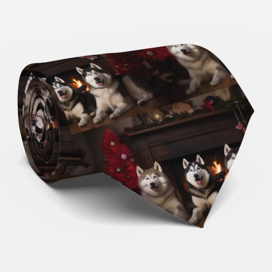 Alaskan Malamute bij de Haard Kerstmis Stropdas (Opgerold)