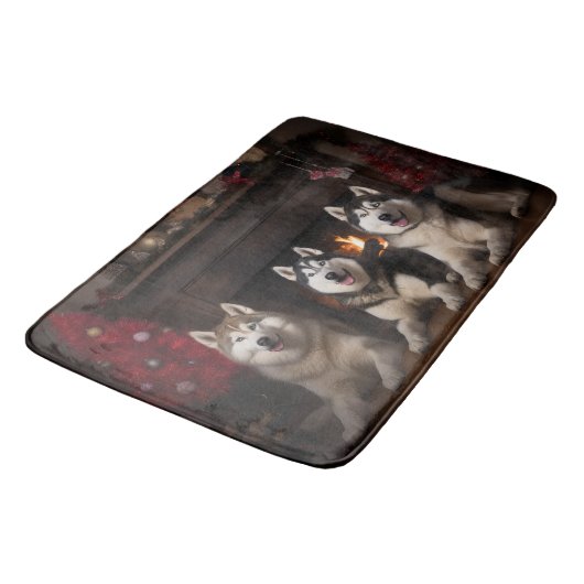 Alaskan Malamute bij de open haard Kerstmis Badmat (Gekanteld)