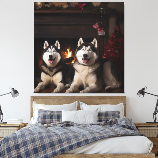 Alaskan Malamute bij de open haard Kerstmis Canvas Afdruk (Insitu (Slaapkamer))