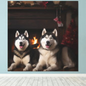 Alaskan Malamute bij de open haard Kerstmis Canvas Afdruk (Insitu (Houten vloer))