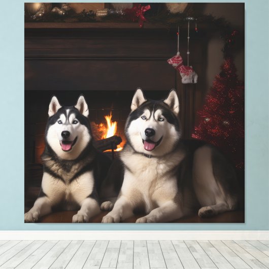 Alaskan Malamute bij de open haard Kerstmis Canvas Afdruk (Insitu (Houten vloer))