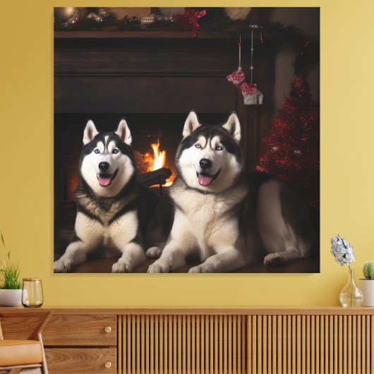 Alaskan Malamute bij de open haard Kerstmis Canvas Afdruk (Insitu (Woonkamer))
