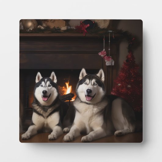 Alaskan Malamute bij de open haard Kerstmis Fotoplaat (Voorkant)