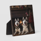Alaskan Malamute bij de open haard Kerstmis Fotoplaat (Voorkant)