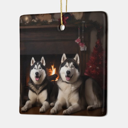 Alaskan Malamute bij de open haard Kerstmis Keramisch Ornament (Links)