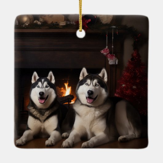 Alaskan Malamute bij de open haard Kerstmis Keramisch Ornament (Achterkant)