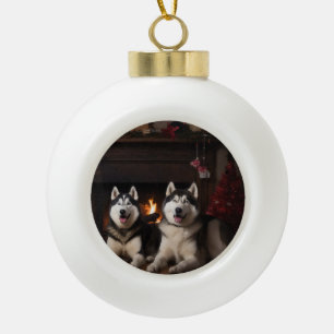 Alaskan Malamute bij de open haard Kerstmis Keramische Bal Ornament