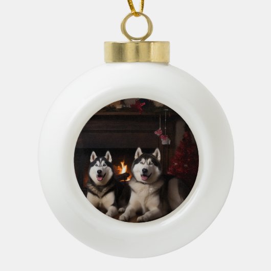 Alaskan Malamute bij de open haard Kerstmis Keramische Bal Ornament (Voorkant)