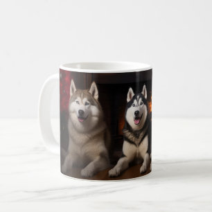 Alaskan Malamute bij de open haard Kerstmis Koffiemok