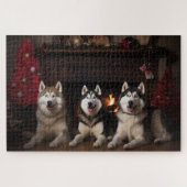 Alaskan Malamute bij de open haard Kerstmis Legpuzzel (Horizontaal)