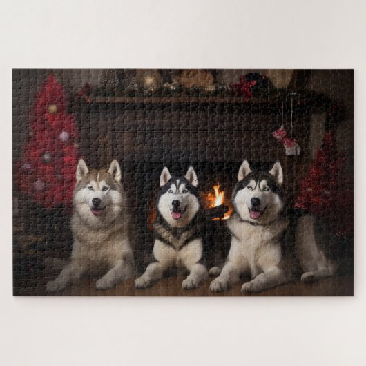 Alaskan Malamute bij de open haard Kerstmis Legpuzzel (Horizontaal)