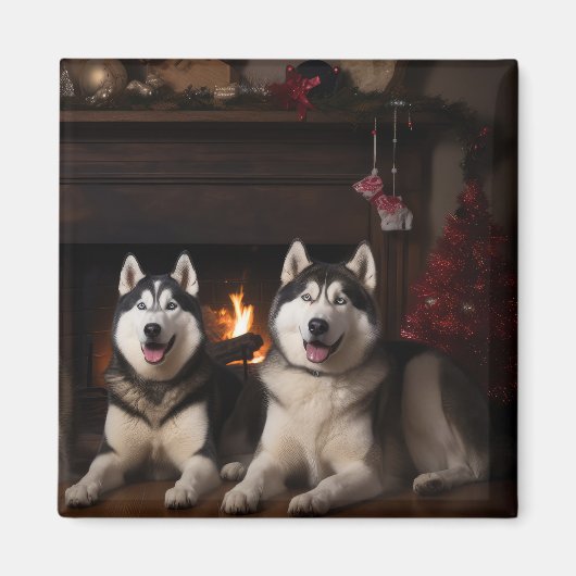 Alaskan Malamute bij de open haard Kerstmis Magneet (Voorkant)