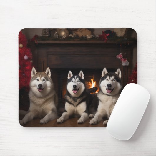 Alaskan Malamute bij de open haard Kerstmis Muismat (Met muis)