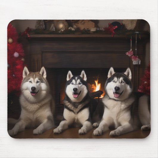 Alaskan Malamute bij de open haard Kerstmis Muismat (Voorkant)