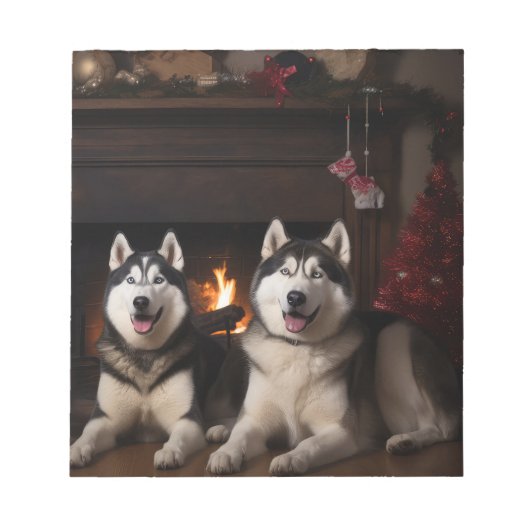 Alaskan Malamute bij de open haard Kerstmis Notitieblok (Voorkant)