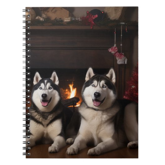 Alaskan Malamute bij de open haard Kerstmis Notitieboek (Voorkant)