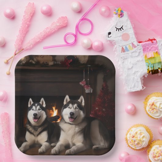 Alaskan Malamute bij de open haard Kerstmis Papieren Bordje (Feest)