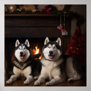 Alaskan Malamute bij de open haard Kerstmis Poster