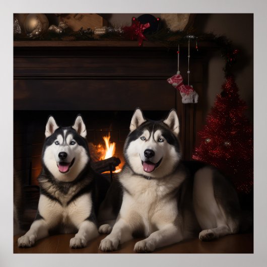 Alaskan Malamute bij de open haard Kerstmis Poster (Voorkant)