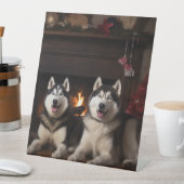 Alaskan Malamute bij de open haard Kerstmis Reclamebord Met Voetstuk (Insitu)