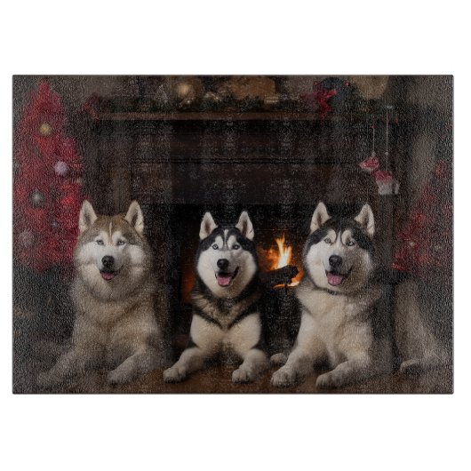 Alaskan Malamute bij de open haard Kerstmis Snijplank (Voorkant)
