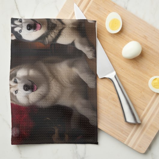 Alaskan Malamute bij de open haard Kerstmis Theedoek (Quarter Fold)