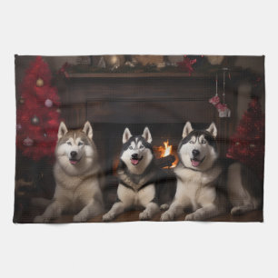 Alaskan Malamute bij de open haard Kerstmis Theedoek