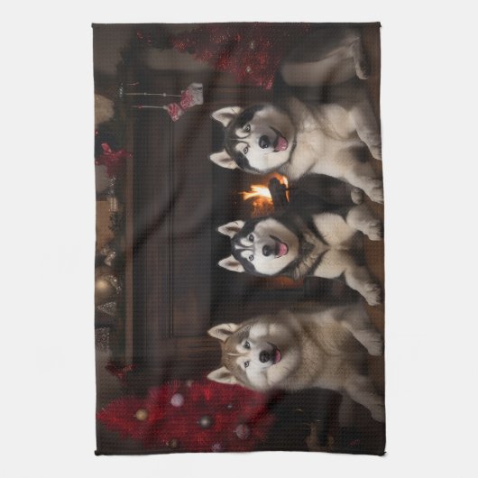 Alaskan Malamute bij de open haard Kerstmis Theedoek (Verticaal)