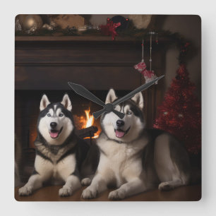 Alaskan Malamute bij de open haard Kerstmis Vierkante Klok