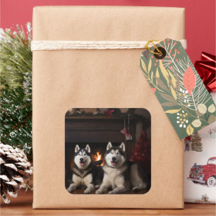 Alaskan Malamute bij de open haard Kerstmis Vierkante Sticker