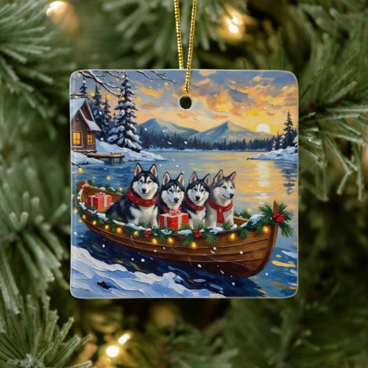 Alaskan Malamute Christmas Boat Holiday Keramisch Ornament (Boom)