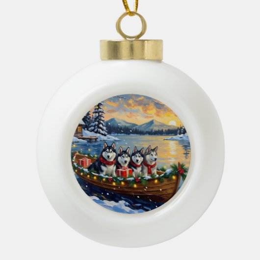 Alaskan Malamute Christmas Boat Holiday Keramische Bal Ornament (Voorkant)