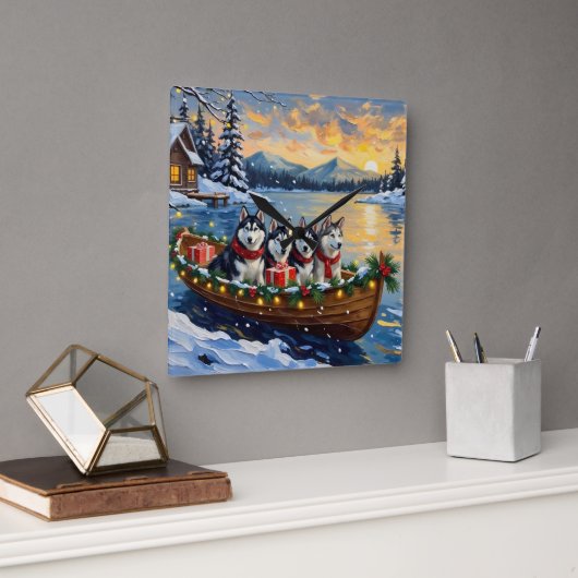 Alaskan Malamute Christmas Boat Holiday Vierkante Klok (Kantoor)