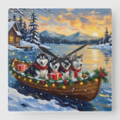 Alaskan Malamute Christmas Boat Holiday Vierkante Klok (Voorkant)