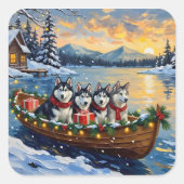 Alaskan Malamute Christmas Boat Holiday Vierkante Sticker (Voorkant)