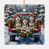 Alaskan Malamute Christmas Red Truck Holiday Keramisch Ornament (Achterkant)