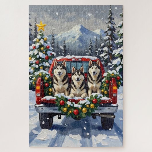 Alaskan Malamute Christmas Red Truck Holiday Legpuzzel (Verticaal)