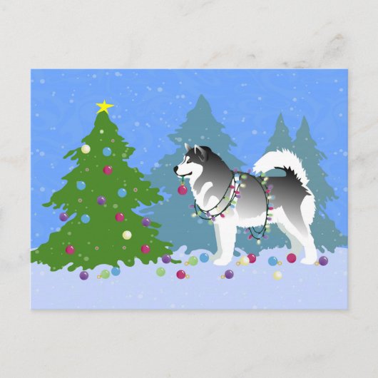 Alaskan Malamute die kerstboom decorreert Feestdagenkaart (Voorkant)